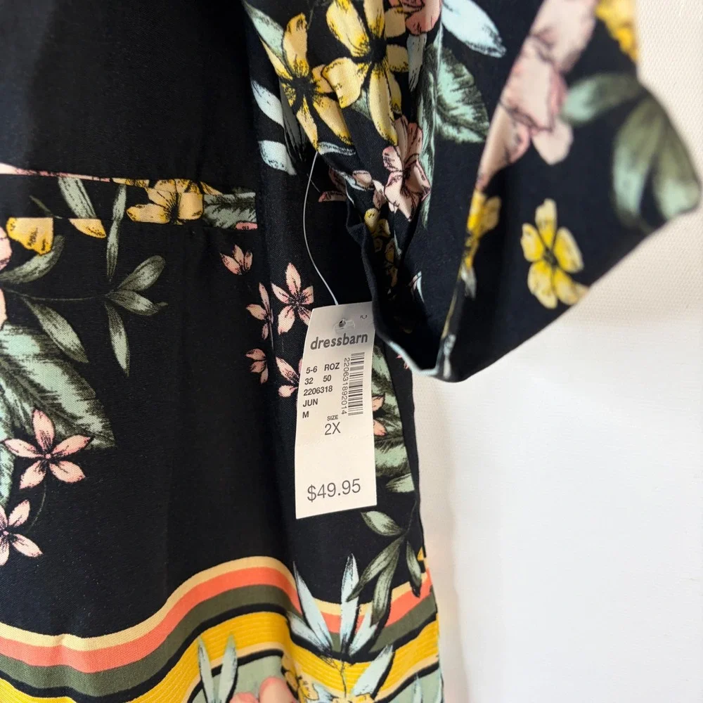 Roz & Ali Cardigan Women 2X Black Floral Tropical Open Front Pockets Rayon